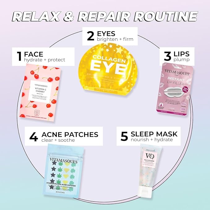 Vitamasques Korean Collagen Face Mask - Hydrating & Moisturizing Korean Sheet Mask with Lychee & Hyaluronic Acid – Vegan Facial Skincare for Firming, Plumping & Skin Care - 7 Pack