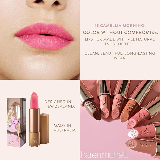 Karen Murrell - Natural Lip Stick - Lipstick 13 Camellia Morning - Pink Lipstick - Matte Finish, 100% Natural Ingredients, Moisturizes & Hydrates Lips - Paraben & Cruelty Free