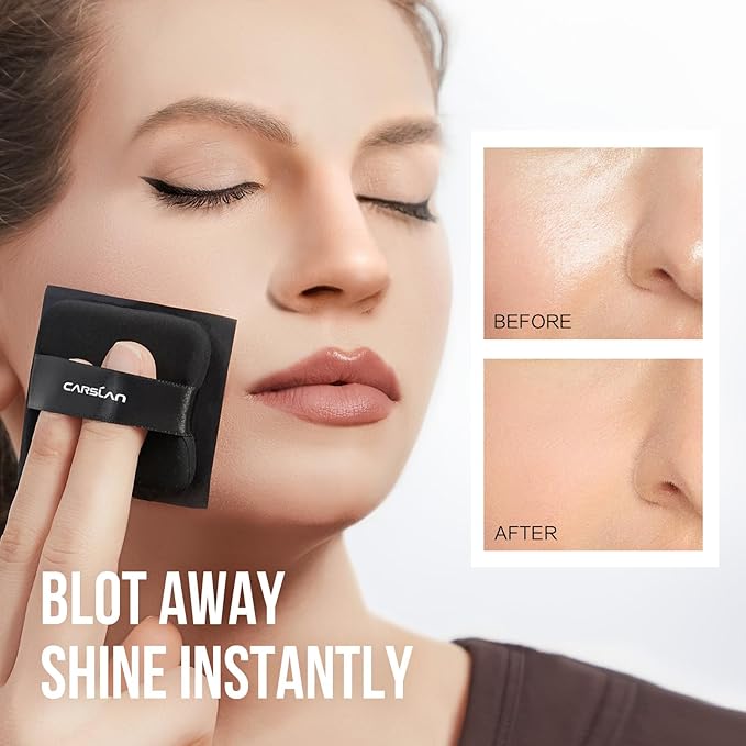 CARSLAN Makeup Blotting Paper with Powder, Black Magnet Blotting Sheets for Oily & Combination Skin, Portable Compact with Puff & Mirror, Keeps Makeup Fresh All Day, 150 Sheets + 8 Refill Pads