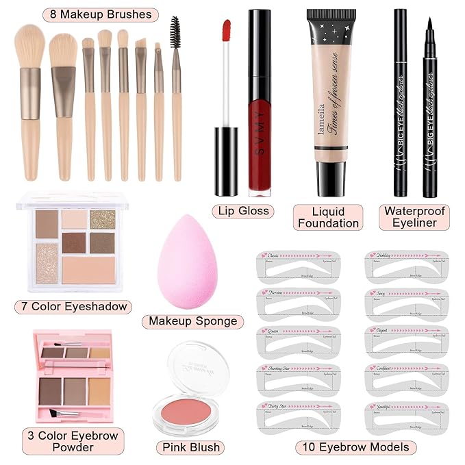 Makeup Kit for Teens Girls, Makeup Present Set for Women, Makeup Full Kit for Beginners, Mini Makeup Bundle Include 7 Nude colors Matte & Shimmer Pigmented Eyeshadow Palette, Eyebrow Powder