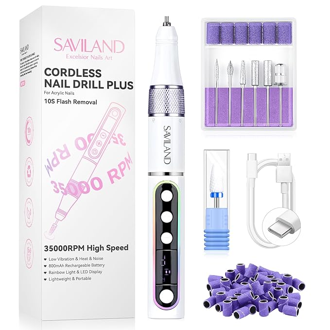 SAVILAND Advanced Cordless Electric Nail Drill: 10S Fast Removal 35000 RPM High Speed Nail File Kit for Acrylic Nail Tool Professional Rainbow Light LED Display Pro Manicure Kit Salon Travel Nail Tech