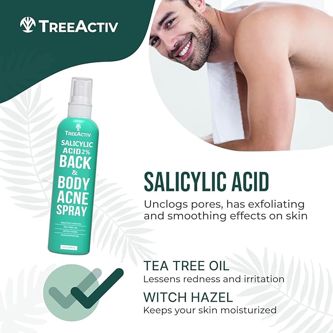 Body Acne Spray 4 fl oz, 2% Salicylic Acid Spray, Back Acne Spray, Tea Tree Oil Spray with Aloe Vera, Body Acne Spray, Back Acne Solution,1000+ Uses