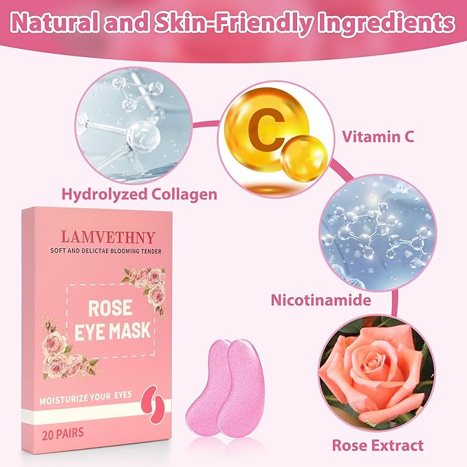 Eye Mask, Pink Rose Under Eye Patches (20 Pairs) Pink Rose Under Eye Masks Hyaluronic Acid Eye Patches for Dark Circles and Puffiness, Reduce Wrinkles and Fine Lines Under Eye Area - Pink