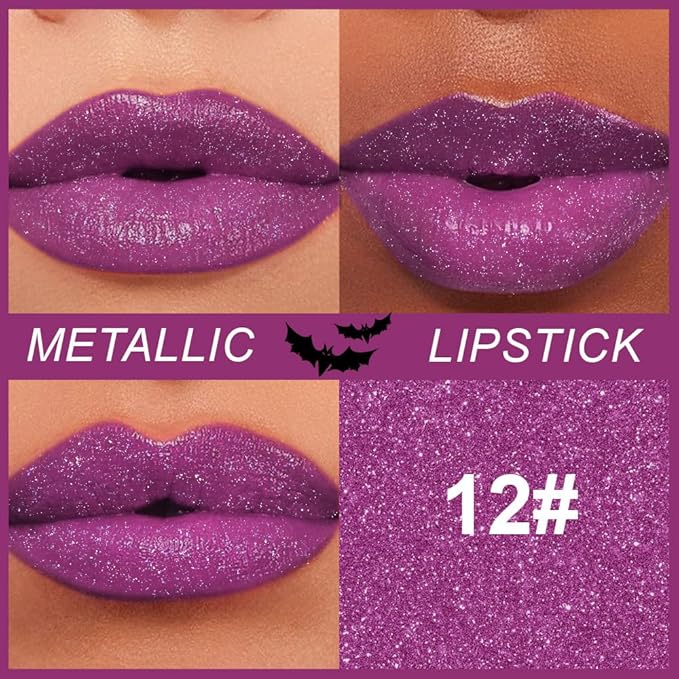 Kaely Glitter Metallic Lipstick, Shimmer Metallic Lipsticks for Women, High Pigmented Lip Color Long Lasting Waterproof Smudge Proof 24 Hour, Halloween Makeup, Vegan & Cruelty-Free, 12