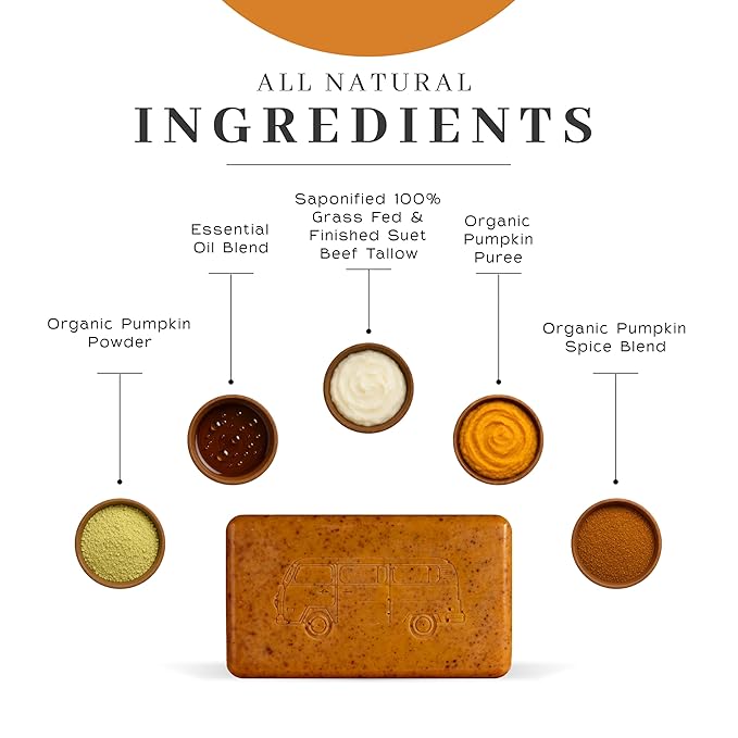 VanMan Tallow & Pumpkin Spice Soap Bar – Grass-Fed Beef Tallow with Organic Pumpkin Puree & Spice Blend – Nourishing Face & Body Soap, 3.8oz - 5 Pack