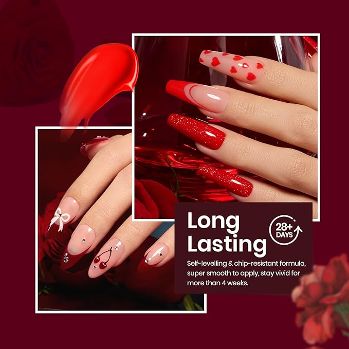 Beetles Red Gel Nail Polish Set with Top Coat, 6 Colors Popular Shimmer Red Burgundy Gel Polish Kit Nail Art Design Soak Off Uv LED Minicure DIY Home Gifts for Women