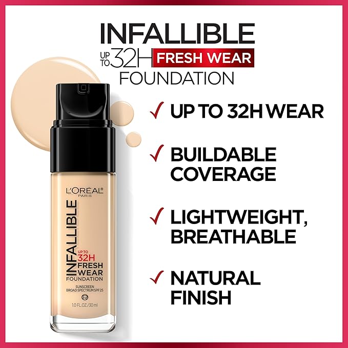L'Oreal Paris Makeup Infallible Up to 32 Hour Fresh Wear Lightweight Foundation, 511 Maple, 1 Fl Oz, Packaging May Vary
