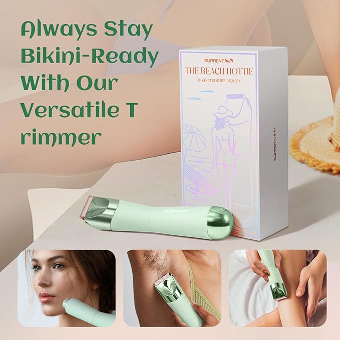 SUPRENT Bikini Trimmer Women - Painless Ladies Hair Removal - Waterproof Wet & Dry - 2 in 1 Lady Shaver for Pubic & Facial Hair - Cordless Electric Razor with USB-C Rechargeable - Green