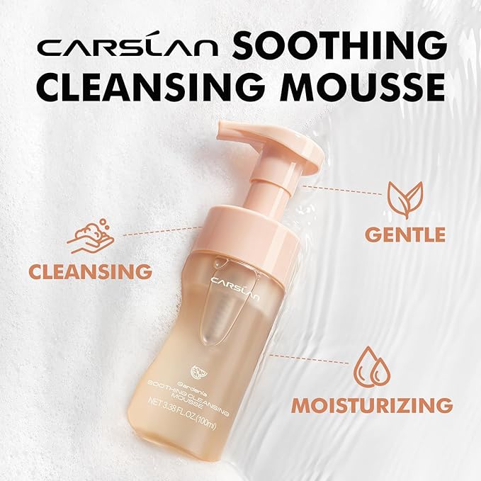 CARSLAN Face Wash, Gentle Hydrating Foaming Facial Cleanser, Soothing Cleansing Mousse, Deep Cleans Pores, Makeup Remover, Daily Face Cleanser for All Skin Types (3.38 Fl Oz)