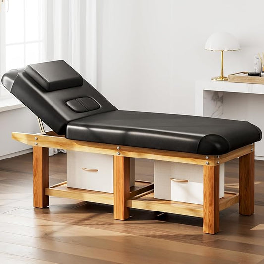 SyyBhb Professional Stationary Wooden Massage Table with Storage, Heavy Duty Spa Bed for Treatment Exam Physical Therapy Tattoo Facial Wax, Weight up to 1000lbs
