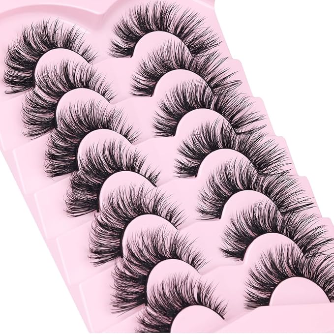 Mink Lashes False Eyelashes Natural Look Wispy Cat Eye Flat Lashes 3D Mink Lashes Natural Fake Lashes 18mm Strip Lashes Pack 7 Pairs