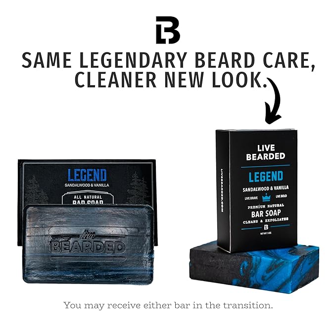Live Bearded All-Natural Bar Soap for Men, 6-Pack of 5 oz - Made in the USA - Exfoliates and Moisturizes - Charcoal, Pumice, Shea Butter | Legend Scent - Sandalwood, Vanilla