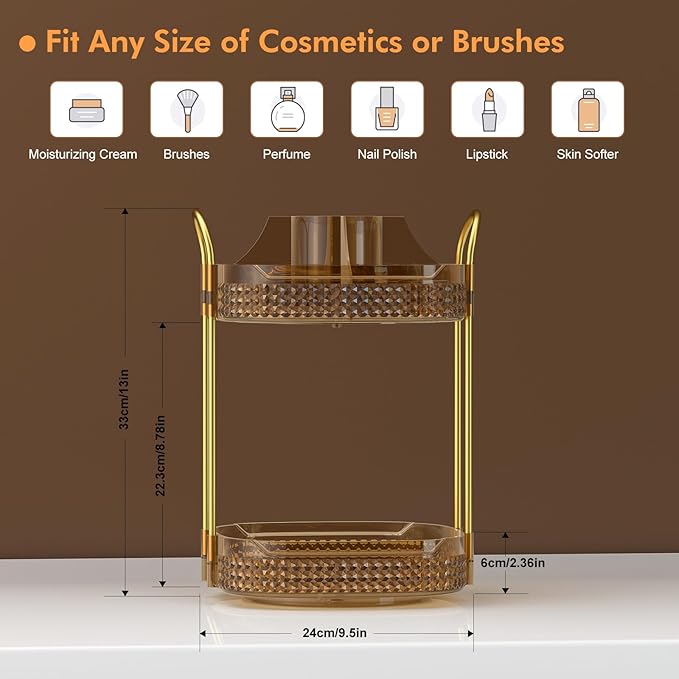 Awenia Rotating Makeup Organizer 360, Stackable Adjustable Large Capacity Cosmetic Storage Unit,Dresser Bathroom Kitchen Countertop Organizer with Metal Handle, Plus Size (Honorable Gold, 2 Tier)