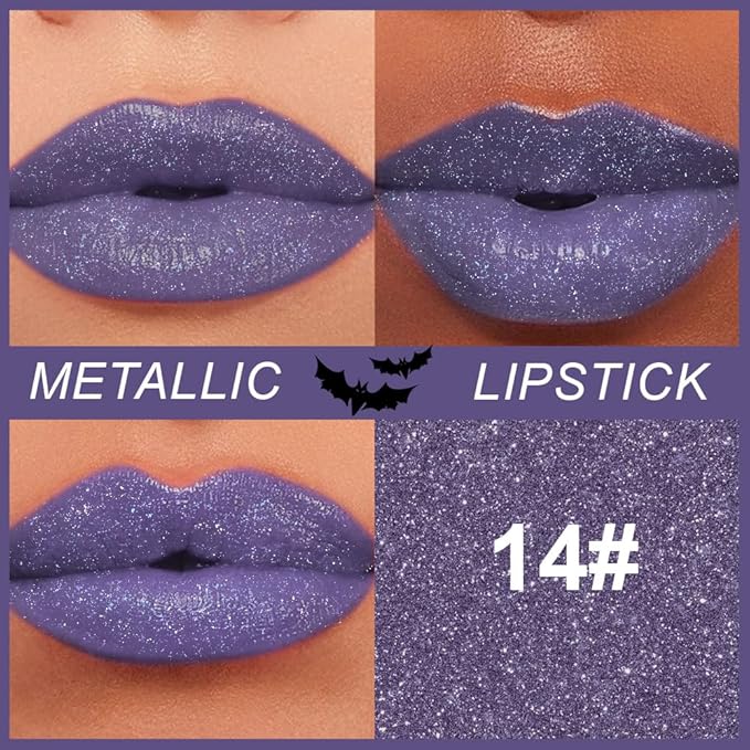 Kaely Glitter Metallic Lipstick, Shimmer Metallic Lipsticks for Women, High Pigmented Lip Color Long Lasting Waterproof Smudge Proof 24 Hour, Halloween Makeup, Vegan & Cruelty-Free, 14