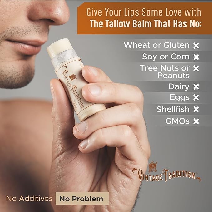 Vintage Tradition Moisturizing Beef Tallow Lip Balm – Tube Lip Moisturizer with Peppermint Essential Oil Hydrates & Soothes Dry Lips – Grass-Fed Tallow Balm for Skin Care, 0.5 Fl. Oz.