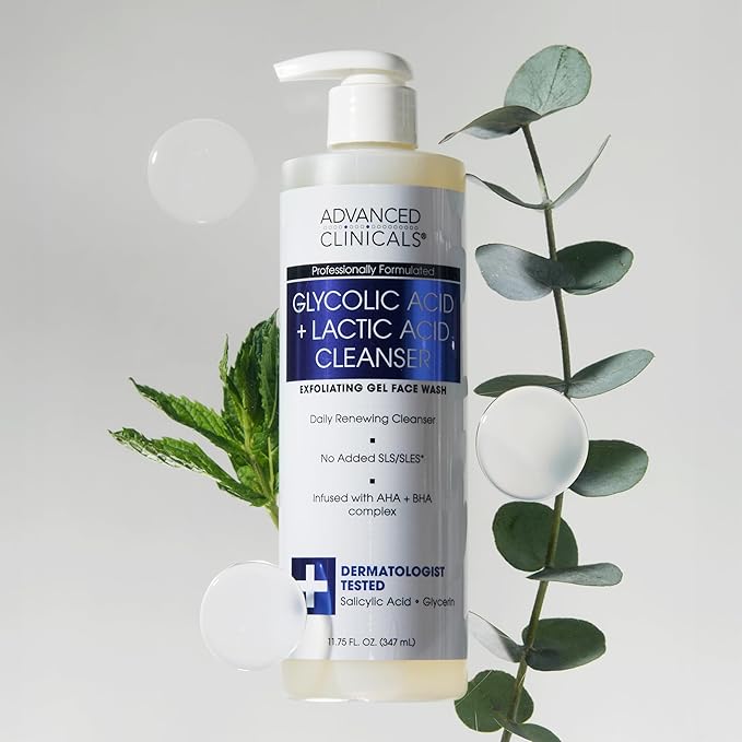 Advanced Clinicals Glycolic Acid Exfoliating Face Wash For Women & Men | Lactic Acid & Salicylic Acid Facial Cleanser | Glycerin Gel Gleanser Helps Gently Exfoliate & Cleanse Dirt & Oil, 11.75 Fl Oz