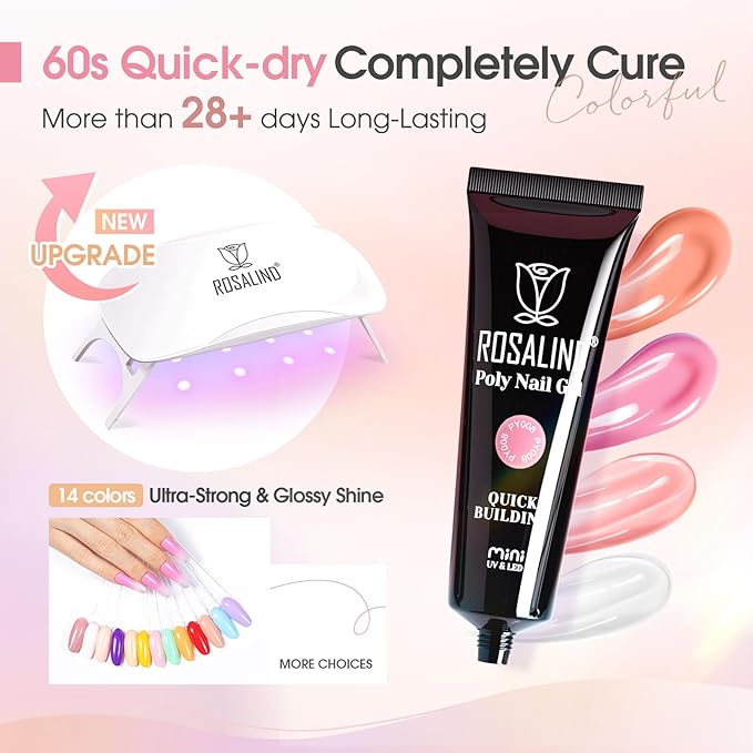 ROSALIND Poly Nail Gel Kit -14 Colors +72 Nail Art Accessories kit Nude Pink Poly Nails Gel Kit Starter Kit with Mini UV Lamp Slip Solution Basic Poly Nail Art Tools for Beginners with Everything