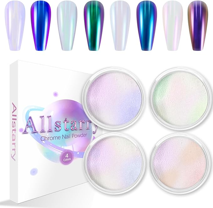 Allstarry White Chrome Nail Powder, 4 PCS Color-Shift Chameleon Chrome Effect Powder Neon Aurora Glitter Dust Iridescent Pearlescent Pearl Pigment for Nail Art Decoration, Gel Polish, Resin Craft