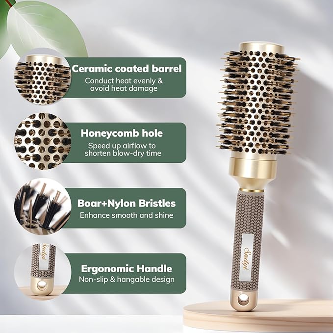 Nano Thermal Ceramic Round Hair Brush with Boar Bristles for Blow Drying and Styling by Sndyi - 2.9 Inch Barrel