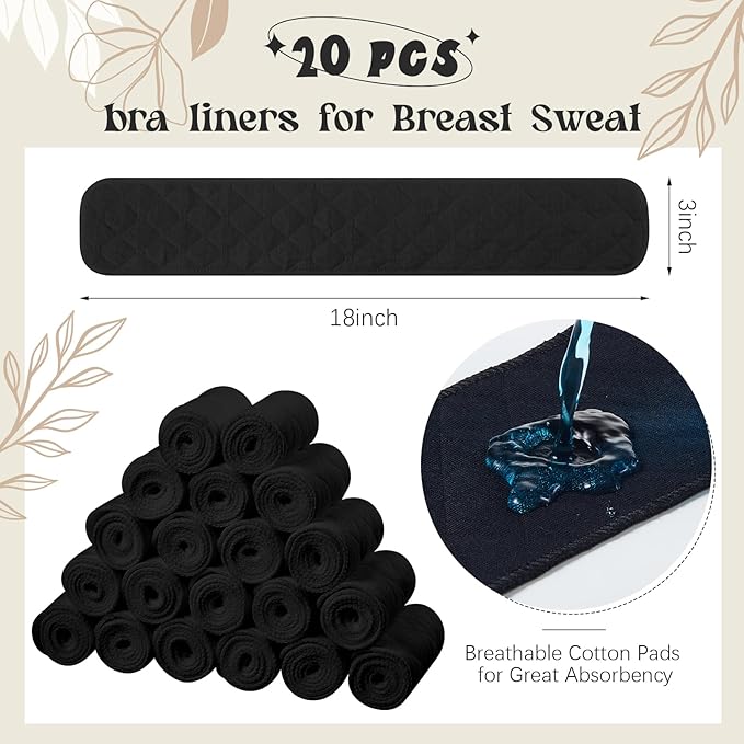 Toulite 20 Pcs Bra Liners for Sweat 18x3 Inch 3 Layer Washable Rectangle Cotton Under Breasts Pads for Women Absorb Sweating
