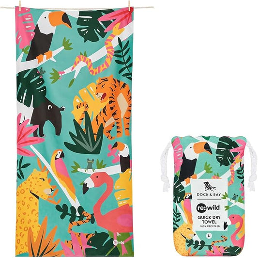 Dock & Bay Beach Towel - Quick Dry, Sand Free - Compact, Lightweight - 100% Recycled - Includes Bag - Wild Things - Large (160x90cm, 63x35)