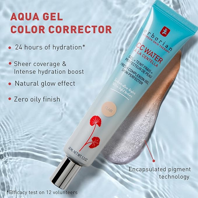 Erborian CC Water with Hyaluronic Acid, Clair - Ultra-Light Aqua Gel Color Corrector with Centella Asiatica & Hyaluronic Acid - Plump, Softer & Hydrated Skin - Korean Skincare Skin Perfector- 0.5 Oz