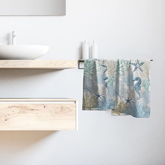 Giwawa Blue Coral Hand Towels Set of 2 Sea Horse Decorative Bathroom Towels Super Soft Absorbent Towels for Yoga Gym Spa Kitchen 28x14 Inch