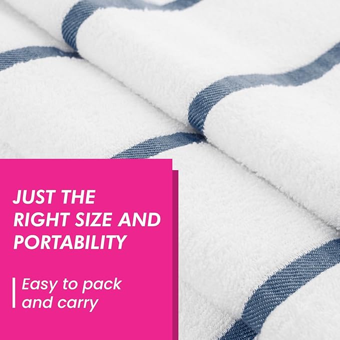 CASA COPENHAGEN Cabana Pool Bath Sheet, 70" x 35", Designed in Denmark Rough and Tough, Quick Dry, for Pool, Bath, Beach & Shower 2 Piece Cotton Pool Towels Set - White Navy Stripe