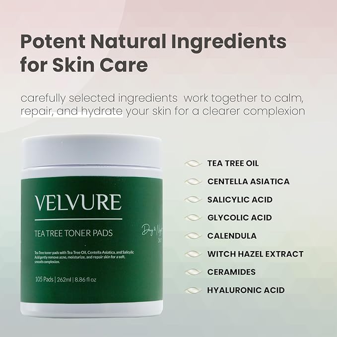 Tea Tree Toner Pads - 105 Pads - Well Soaked & Wet - Dual Sided - Saliclyic Acid - for Exfoliation, Hydration & Acne Treatment - Soothing Irritated Skin & Inflammation - for All Skin Types