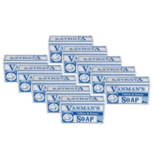 VanMan Beef Tallow and Honey Bar Soap – Pure Grass-Fed Beef Tallow for Skin with Vanilla Oil, Raw Honey & Distilled Water, Hydrating & Nourishing, Vanilla Scent, Clean Ingredients, 3.8oz - 10 Pack