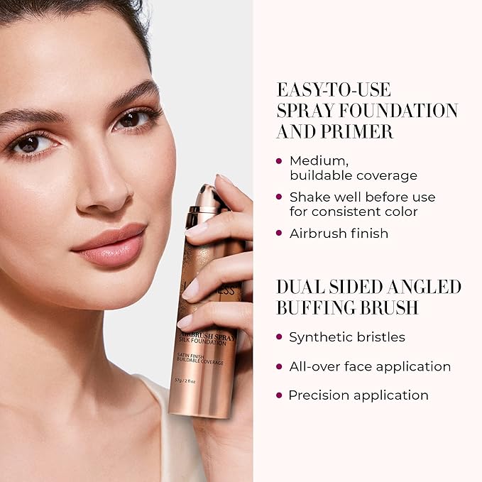 LUMINESS Airbrush Spray Silk Foundation Starter Kit - Rich - Foundation, Primer & Dual-Sided Angled Buffing Brush - Medium, Buildable Coverage, Anti-Aging Formula Hydrates & Moisturizes