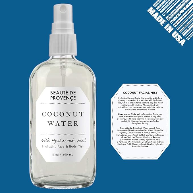 | Face & Body Mist Spray - Hydrating Coconut Water With Moisturizing Hyaluronic Acid | Instant Cooling, Conditoning, Hydrating | 8 FL OZ