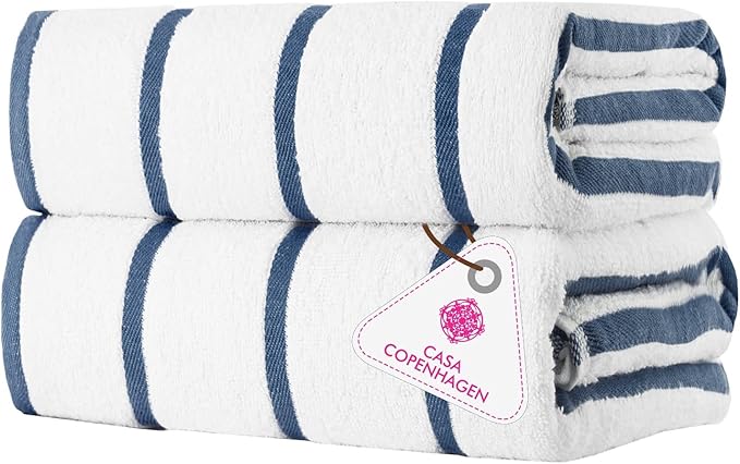 CASA COPENHAGEN Cabana Pool Bath Sheet, 70" x 35", Designed in Denmark Rough and Tough, Quick Dry, for Pool, Bath, Beach & Shower 2 Piece Cotton Pool Towels Set - White Navy Stripe
