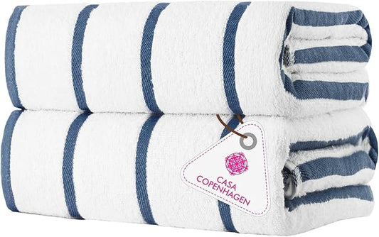 CASA COPENHAGEN Cabana Pool Bath Sheet, 70" x 35", Designed in Denmark Rough and Tough, Quick Dry, for Pool, Bath, Beach & Shower 2 Piece Cotton Pool Towels Set - White Navy Stripe