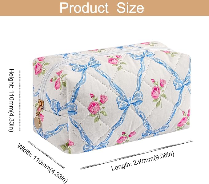 Makeup Bag Travel Cosmetic Bag for Women Girls, Zipper Make Up Pouch, Floral Flowers Toiletry Organizer Makeup, Portable Storage Bag, Cosmetic Travel Cloth Bag (Blue Bowknot/Gold Zipper)
