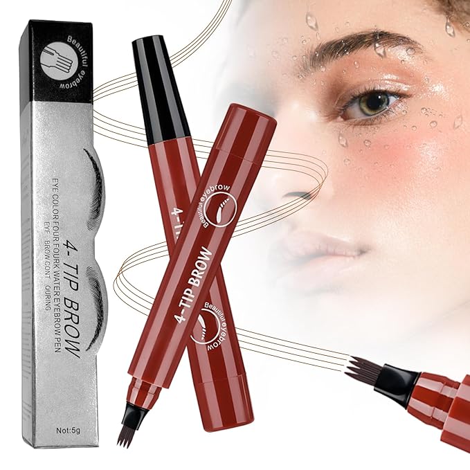 2025 New Magic Eyebrow Pencil, 3D Waterproof 4 Tipped Precise Brow Pen Microblading Eyebrow Pencil Contouring Pen Fine Stroke Microblading Creates Natural (Red Brown)