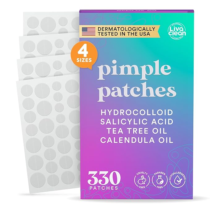 LivaClean 330 CT Pimple Patches for Face w/Salicylic Acid, Tea Tree Oil & Calendula Oil - Four Sizes - Pimple Patch, Hydrocolloid Patch, Acne Patches for Face