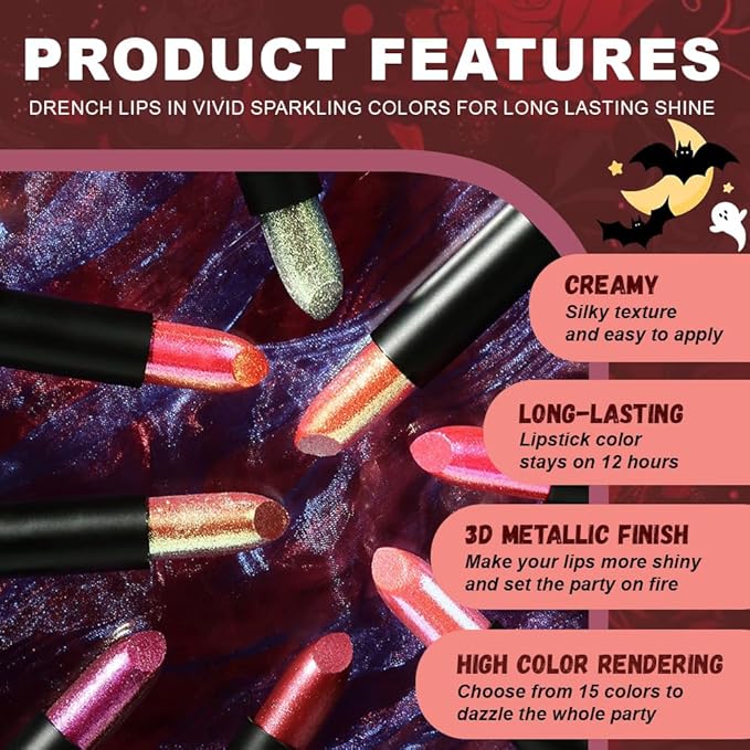Kaely Glitter Metallic Lipstick, Shimmer Metallic Lipsticks for Women, High Pigmented Lip Color Long Lasting Waterproof Smudge Proof 24 Hour, Halloween Makeup, Vegan & Cruelty-Free, 08