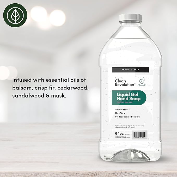 Clean Revolution Liquid Gel Hand Soap, Silky Rich Liquid, Quick Lather, Fast Rinsing, Contains Real Essential Oils (Forest Escape) 64 Fl Oz