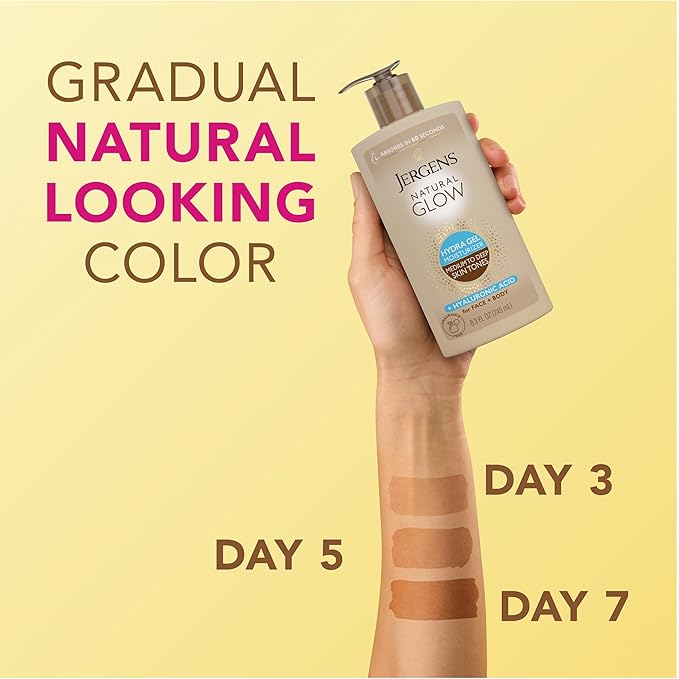 Jergens Natural Glow Hydra Gel Moisturizer, Gradual Tanning Lotion with Hyaluronic Acid, Hydrating Tanning Gel, Fragrance-Free Self Tanner, Medium to Deep Skin Tones 8.3 Fl Oz