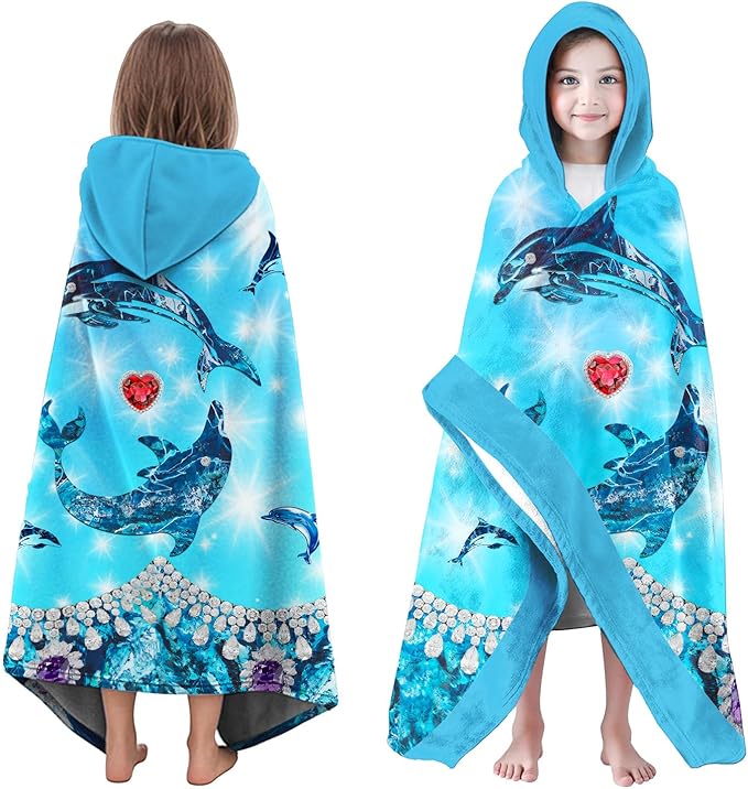 Dolphin Hooded Beach Towel for Girls, 30" x 50" Glittering Ocean Design Kids Poncho Bath Towel for Toddler, Light Blue Soft Absorbent with Hood for 3-10 Years Bathrobe for Swimming Pool Bath