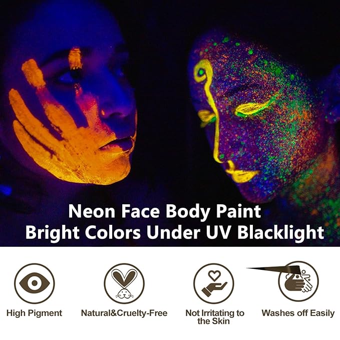 Go Ho Neon Blue Body Paint Washable(2.37oz,70ml),under UV Blacklight Neon Face Paint,Water Based Neon Fluorescent Blue Face Paint for Adults Children SFX Cosplay Costumes Festivals Halloween Makeup