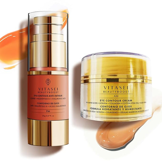 AM/PM Anti-Aging Kit Eye Contour Duo, Deep Hydration Eye Contour Cream with Cotton Stem Cells & Hyaluronic Acid (AM), Eye Contour Anti-Fatigue with Arabic Coffee for Under Eye Lines Protection(PM)