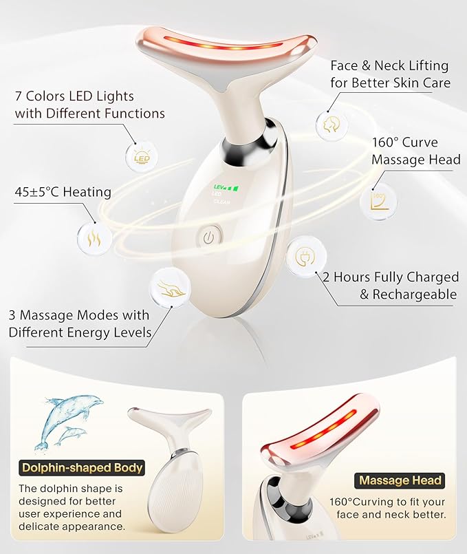 Red Light Therapy for Face and Neck, 7 Color Beauty Face Massager Tool, Vibrating Facial Massager with Thermals for Wrinkles, Double Chin, Glossy White