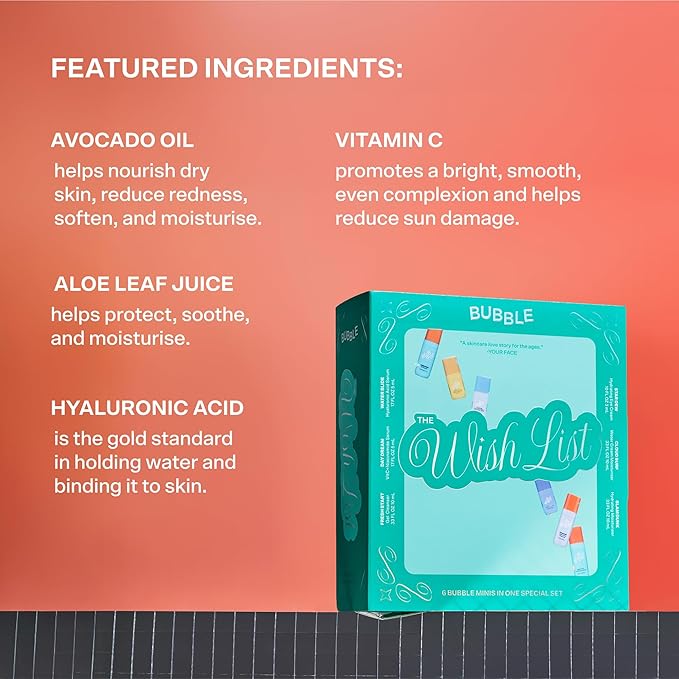 Bubble Skincare The Wish List Mini Skincare Essentials Gift Set - Includes Gel Cleanser, Vitamin C & Hyaluronic Serum, Eye Cream, Water Cream & Face Moisturizer - Travel Size Skin Care (6 Count)