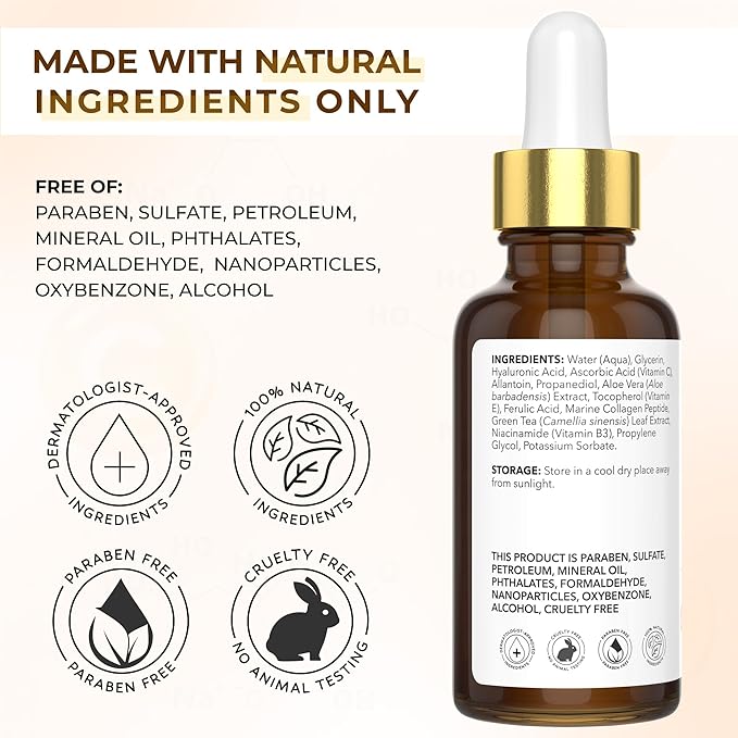 All Natural 20% Vitamin C Serum + 6 Active Boosters for Face, Dark Spots, Wrinkles, Brightening, Hydrating, Even Tone, Healthy Glow with Niacinamide, Hyaluronic Acid, Ferulic Acid, Vitamin E, Peptides