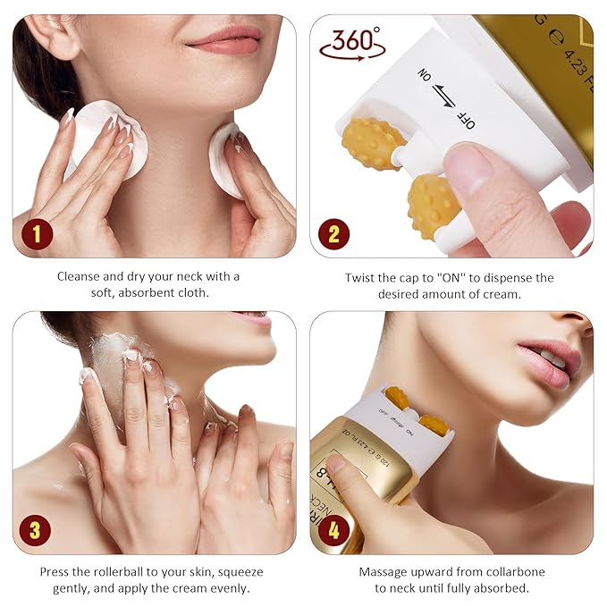 AH-8 Firming Neck Cream with Roller - Anti-Aging Moisturizer for Neck & Chest - Lifts, Tightens, Deeply Hydrates, Reduces Fine Lines & Wrinkles - For Crepey, Sagging Skin - 4.23 fl.oz