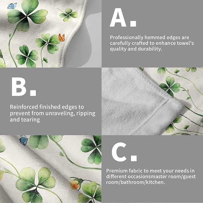 Giwawa St Patrick's Day Hand Towels Set of 2 Shamrock Floral Dish Towels Soft Absorbent Quick Dry Bath Towels for Kitchen Guest Gym Hotel Decor