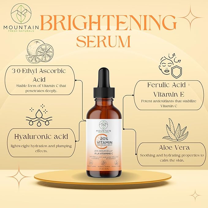 Vitamin C Serum – 20% 3-0-Ethyl Ascorbic Acid, Ferulic Acid & Vitamin E – Brightening, Hydrating, Anti-Aging Serum for Dark Spots, Uneven Skin Tone & Wrinkles – 30mL / 1 fl oz
