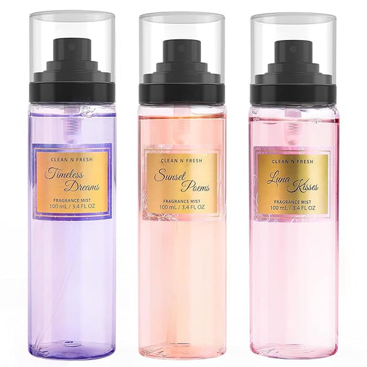 Clean-n-Fresh Body Spray, Mist for Women, Fragrance Sets, Pack of 3, Each 3.4 Fl Oz, Total 10.2 Oz